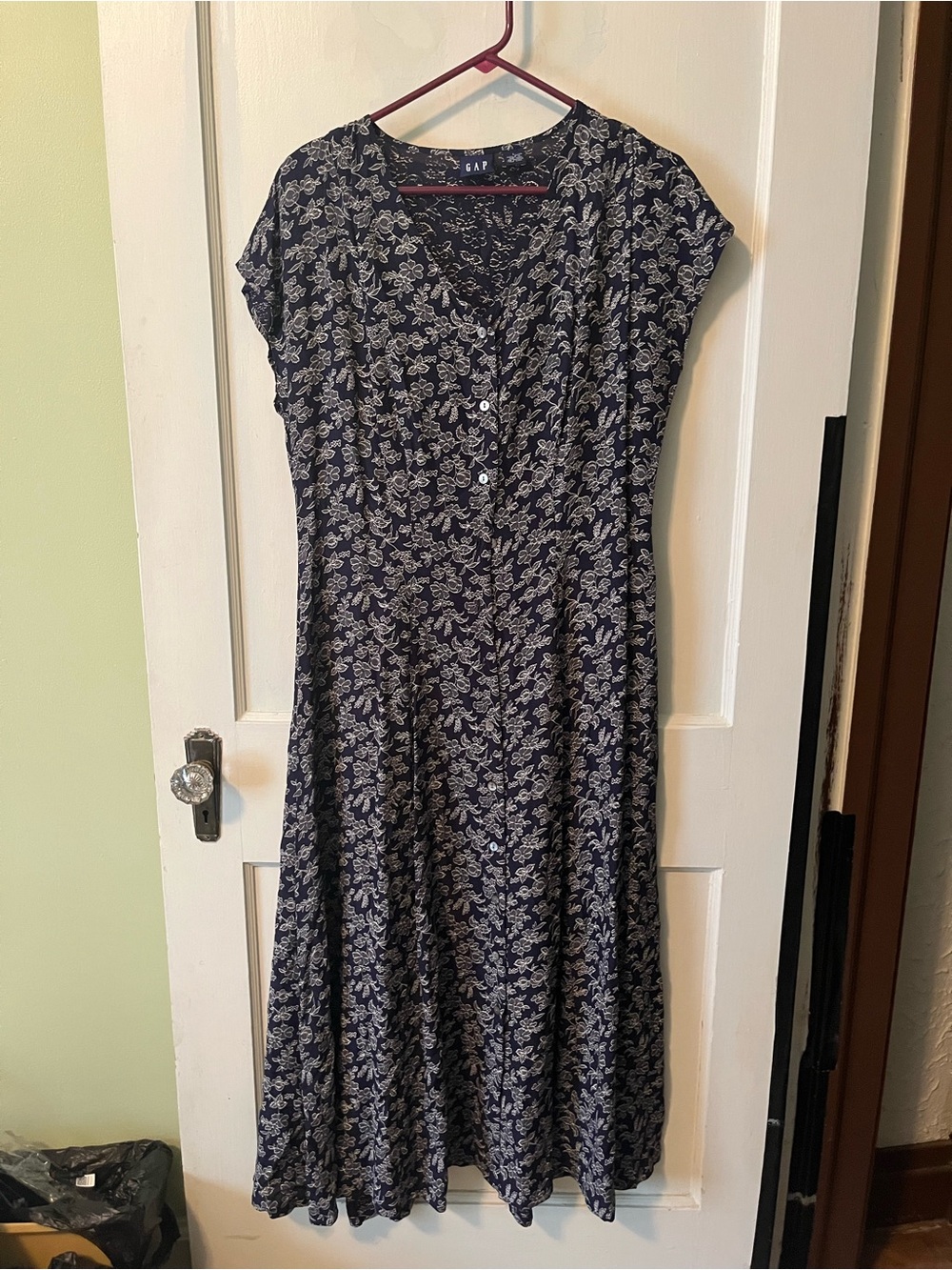 Vintage Rayon GAP L Navy Dress with White Floral Print